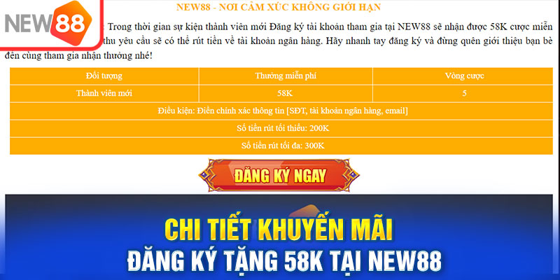 Chi tiết khuyến mãi đăng ký tặng 58K tại New88